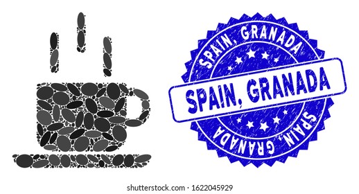 Mosaic coffee mug icon and distressed stamp seal with Spain, Granada phrase. Mosaic vector is formed with coffee mug icon and with random elliptic items. Spain, Granada seal uses blue color,