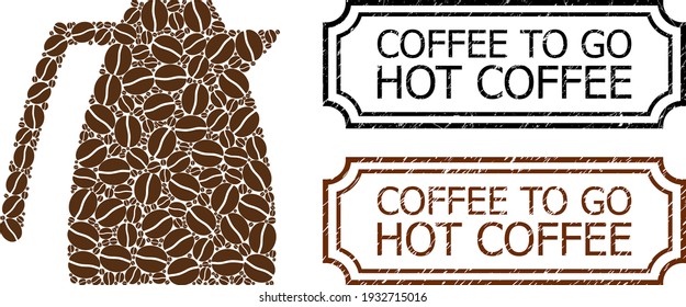 Mosaic coffee pot designed from coffee beans, and grunge Coffee to Go Hot Coffee rectangle seals with notches.