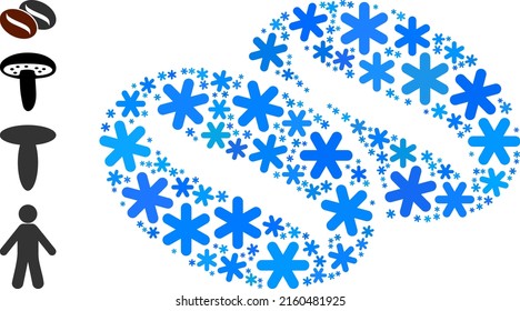 Mosaic coffee seeds icon created for winter, New Year, Christmas. Coffee seeds icon mosaic is created with light blue snow parts. Some bonus icons are added.