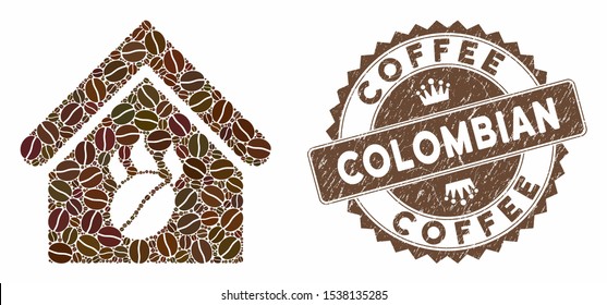 Mosaic coffee shop and corroded stamp seal with Coffee Colombian caption. Mosaic vector coffee shop is composed with seeds. Coffee Colombian stamp uses brown color.