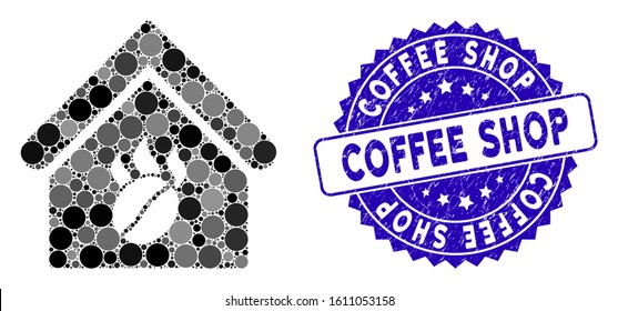 Mosaic coffee shop icon and corroded stamp seal with Coffee Shop caption. Mosaic vector is formed with coffee shop icon and with scattered spheric items. Coffee Shop stamp uses blue color,