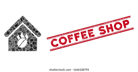Mosaic coffee shop icon and red Coffee Shop stamp between double parallel lines. Flat vector coffee shop mosaic icon of random rotated rectangular items. Red Coffee Shop stamp with scratched textures.