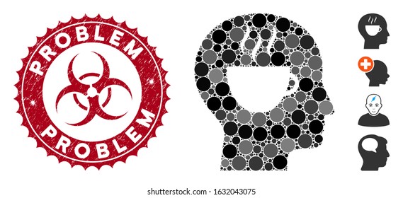 Mosaic coffee thinking icon and rubber stamp watermark with Problem text and biohazard symbol. Mosaic vector is formed with coffee thinking pictogram and with random spheric spots.