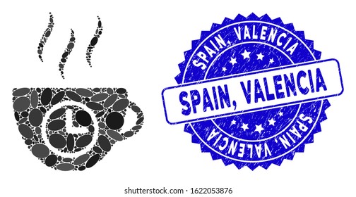 Mosaic coffee time icon and corroded stamp seal with Spain, Valencia phrase. Mosaic vector is created with coffee time pictogram and with randomized oval elements. Spain,