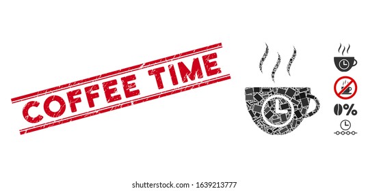 Mosaic coffee time icon and red Coffee Time seal stamp between double parallel lines. Flat vector coffee time mosaic icon of randomized rotated rectangular elements.