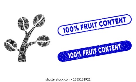 Mosaic coffee tree and corroded stamp watermarks with 100% Fruit Content caption. Mosaic vector coffee tree is designed with random rectangle items. 100% Fruit Content stamp seals use blue color,