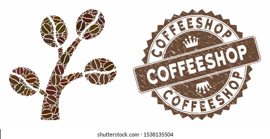 Mosaic coffee tree and distressed stamp seal with Coffeeshop caption. Mosaic vector coffee tree is created with beans. Coffeeshop stamp uses brown color.