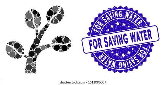 Mosaic coffee tree icon and grunge stamp watermark with For Saving Water caption. Mosaic vector is created from coffee tree pictogram and with scattered round spots.