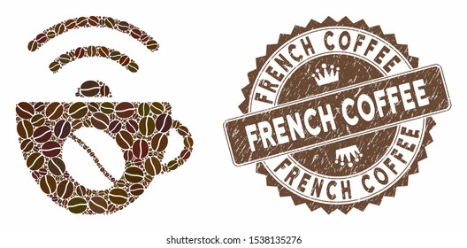 Mosaic coffee wifi source and corroded stamp seal with French Coffee text. Mosaic vector coffee wifi source is formed with seeds. French Coffee seal uses chocolate color.