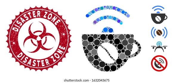 Mosaic coffee wifi source icon and corroded stamp seal with Disaster Zone caption and biohazard symbol. Mosaic vector is designed with coffee wifi source icon and with randomized spheric elements.