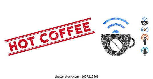 Mosaic coffee wifi source icon and red Hot Coffee stamp between double parallel lines. Flat vector coffee wifi source mosaic icon of randomized rotated rectangular elements.