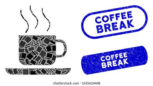 Mosaic coffee-break and distressed stamp seals with Coffee Break text. Mosaic vector coffee-break is designed with randomized rectangles. Coffee Break stamp seals use blue color,