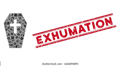Mosaic coffin pictogram and red Exhumation rubber print between double parallel lines. Flat vector coffin mosaic pictogram of scattered rotated rectangular items.