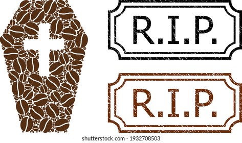 Mosaic coffin united from cocoa seeds, and grunge R.I.P. rectangle seals with notches. Vector coffee icons are united into abstract mosaic coffin icon with brown color.