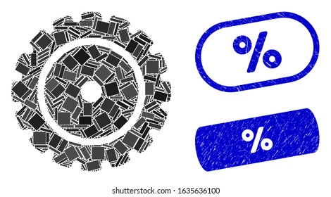 Mosaic cog and corroded stamp seals with % text. Mosaic vector cog is formed with scattered rectangle items. % seals use blue color, and have round rectangle shape.