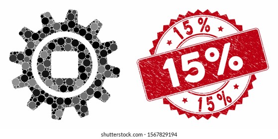 Mosaic cog and distressed stamp seal with 15% caption. Mosaic vector is created with cog icon and with scattered spheric spots. 15% seal uses red color, and rubber texture.