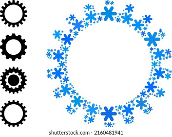 Icono de huevo de mosaico está construido para invierno, Año Nuevo, Navidad. El mosaico de iconos de cog está construido con partes de nieve azul claro. Se añaden algunos iconos adicionales.