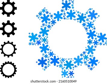 Mosaic cog icon constructed for winter, New Year, Christmas. Cog icon mosaic is constructed of light blue snowflakes. Some bonus icons are added.