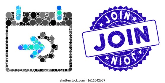 Mosaic cog integration calendar day icon and distressed stamp seal with Join text. Mosaic vector is created with cog integration calendar day pictogram and with scattered circle spots.