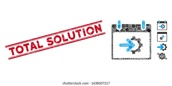 Mosaic cog integration calendar day pictogram and red Total Solution stamp between double parallel lines.