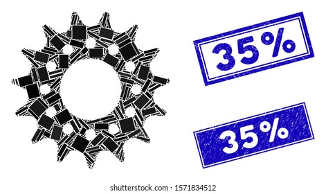 Mosaic cog pictogram and rectangle 35% rubber prints. Flat vector cog mosaic pictogram of randomized rotated rectangle elements. Blue 35% rubber stamps with grunge texture.