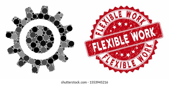 Mosaic cog and rubber stamp seal with Flexible Work text. Mosaic vector is designed with cog icon and with randomized round items. Flexible Work stamp seal uses red color, and grunge surface.