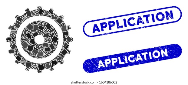 Mosaic cog wheel and grunge stamp watermarks with Application phrase. Mosaic vector cog wheel is composed with randomized rectangle items. Application stamp seals use blue color,