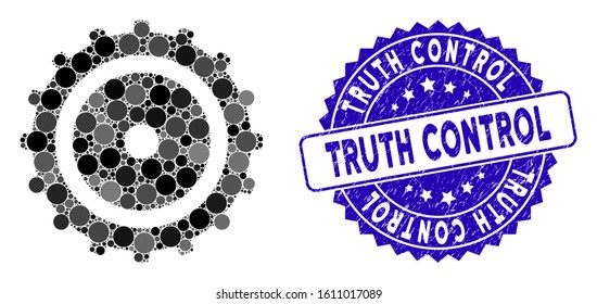 Mosaic cog wheel icon and distressed stamp seal with Truth Control text. Mosaic vector is formed with cog wheel icon and with random spheric spots. Truth Control stamp uses blue color,
