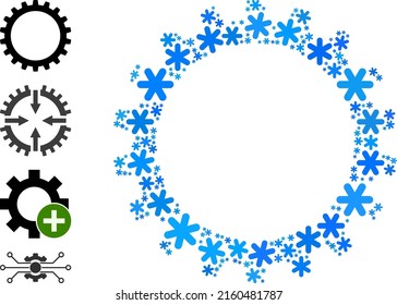 Mosaic cogwheel icon is combined for winter, New Year, Christmas. Cogwheel icon mosaic is designed from light blue snow. Some similar icons are added.