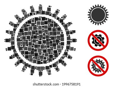 Mosaic Cogwheel icon organized from square elements in different sizes and color hues. Vector square parts are organized into abstract mosaic cogwheel icon. Bonus icons are added.