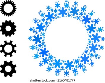 Mosaic Cogwheel Icon Organized For Winter, New Year, Christmas. Cogwheel Icon Mosaic Is Formed Of Light Blue Snow Icons. Some Similar Icons Are Added.