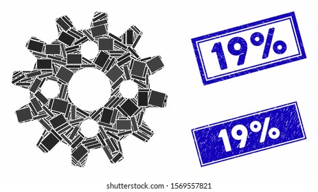 Mosaic cogwheel icon and rectangle seals. Flat vector cogwheel mosaic icon of randomized rotated rectangle items. Blue caption rubber seals with distress texture.