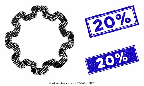 Mosaic cogwheel icon and rectangle watermarks. Flat vector cogwheel mosaic icon of randomized rotated rectangle items. Blue caption watermarks with grunged surface.