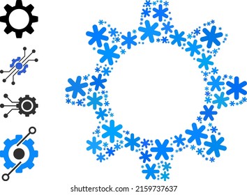 Mosaic cogwheel pictogram is combined for winter, New Year, Christmas. Cogwheel icon mosaic is designed of light blue snow elements. Some bonus icons are added.