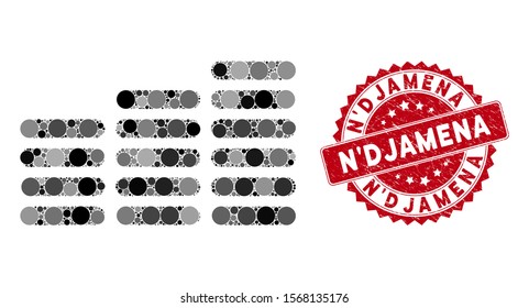 Mosaic coin columns and distressed stamp seal with N'Djamena caption. Mosaic vector is formed with coin columns icon and with random spheric items. N'Djamena stamp uses red color, and grunged design.