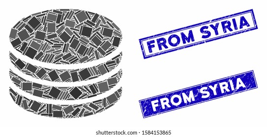 Mosaic coin stack icon and rectangular From Syria seals. Flat vector coin stack mosaic icon of random rotated rectangular elements. Blue From Syria rubber seals with rubber texture.