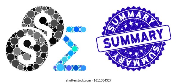 Mosaic coin summary icon and rubber stamp seal with Summary caption. Mosaic vector is designed with coin summary icon and with randomized spheric items. Summary stamp seal uses blue color,