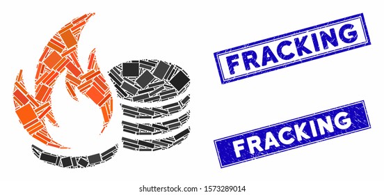 Mosaic Coins Fire Disaster Icon And Rectangular Fracking Rubber Prints. Flat Vector Coins Fire Disaster Mosaic Icon Of Random Rotated Rectangular Items. Blue Fracking Seals With Grunge Texture.