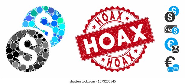 Mosaic coins icon and rubber stamp watermark with Hoax text. Mosaic vector is formed with coins icon and with randomized spheric spots. Hoax stamp uses red color, and rubber design.