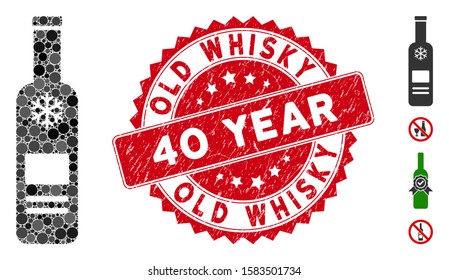 Mosaic cold vodka bottle icon and corroded stamp seal with Old Whisky 40 Year phrase. Mosaic vector is designed with cold vodka bottle icon and with scattered round items.