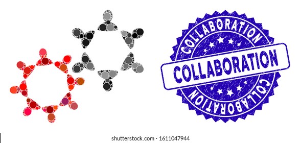 Mosaic collaboration icon and corroded stamp seal with Collaboration caption. Mosaic vector is created from collaboration icon and with random circle spots. Collaboration seal uses blue color,