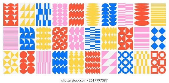 Mosaic collage background with set of naive geometric shapes, decorative elements seamless pattern