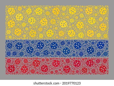Mosaik Kolumbien Flagge mit Symbolen für Zellen. Kolumbien Flaggen-Collage ist aus zufälligen Zellen Icons gemacht. Vektorcoronavirus-Mosaik rechteckige kolumbianische Flagge für medizinische Werbung.