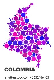 Mosaic Colombia map isolated on a white background. Vector geographic abstraction in pink and violet colors. Mosaic of Colombia map combined of random circle points.