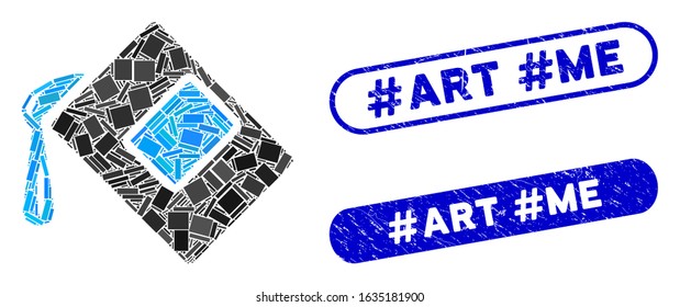Mosaic color fill and grunge stamp seals with #Art #Me text. Mosaic vector color fill is composed with scattered rectangle items. #Art #Me seals use blue color, and have round rectangle shape.