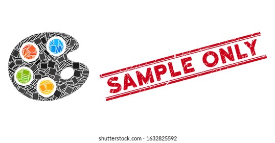 Mosaic color palette pictogram and red Sample Only seal between double parallel lines. Flat vector color palette mosaic pictogram of randomized rotated rectangular items.
