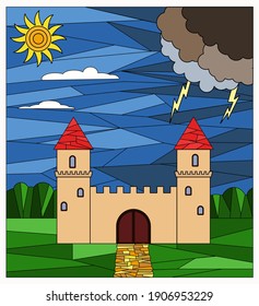 Mosaic color picture of a castle with sun, clouds, lightning and forest