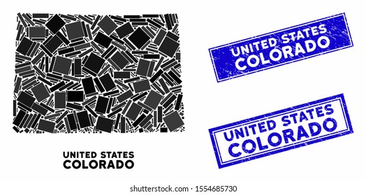 Mosaic Colorado State map and rectangle seal stamps. Flat vector Colorado State map mosaic of scattered rotated rectangle elements. Blue caption seal stamps with grunge surface.