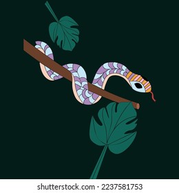 Mosaic colored snake. Vector illustration of an animal in the jungle. 