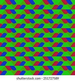 Mosaic of colored triangles with rounded corner on a pink background.